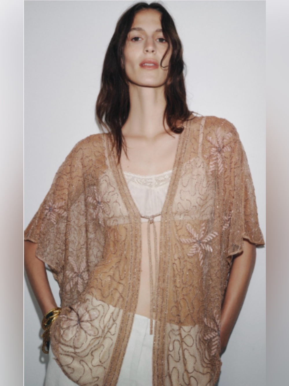 Zara Sequin Beaded Embroidered Kimono Blouse Kaftan Sheer Beige Pink Med - Large